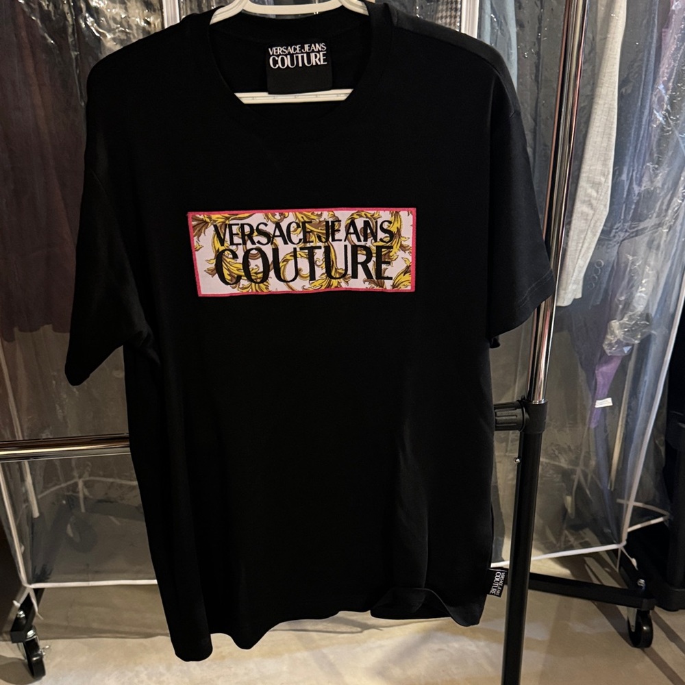 Versace Jeans Collection Black Tee with Gold and Pink Accents